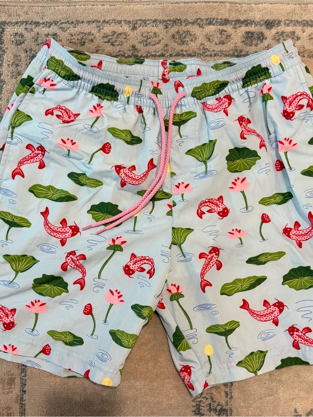 The Beaufort Bonnet Company Light Blue Koi & Lily Print Swim Trunks
